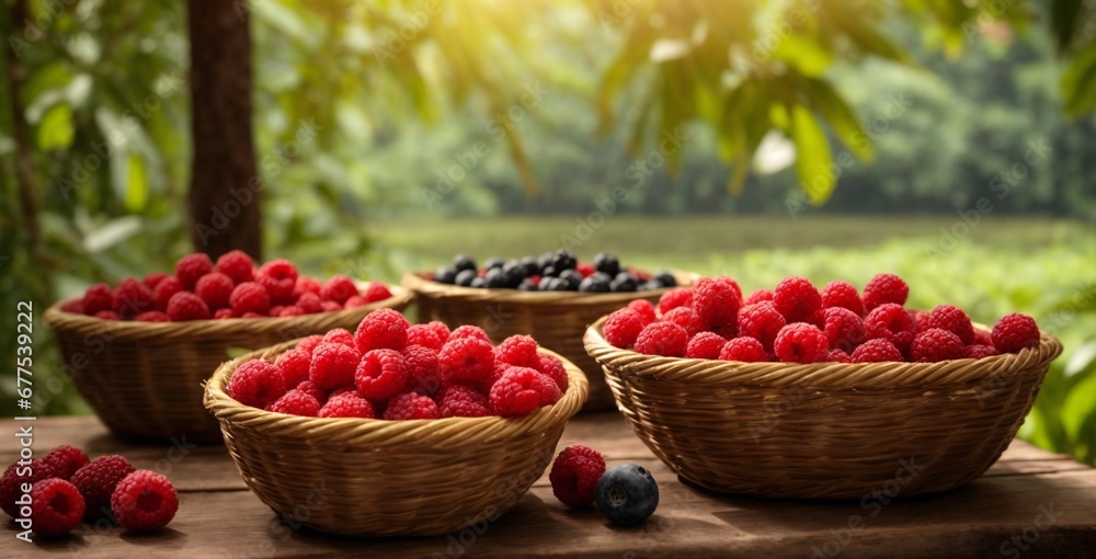 collection of wild berries on leafy backdrop Woman holding basket with ripe raspberries Summer gifts: sweet cherry, strawberry and black currant in wicker baskets on wooden desk on generative ai
collection of wild berries on leafy backdrop Woman holding basket with ripe raspberries Summer gifts: sweet cherry, strawberry and black currant in wicker baskets on wooden desk on generative ai