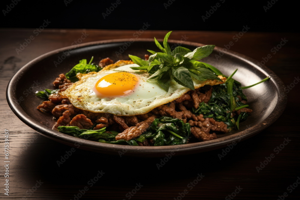 Beef and basil with fried egg, thai food Beef and basil with fried egg, thai food
