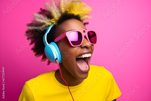 studio portrait of happy gamer black woman wearing headphones celebrating on pink background

