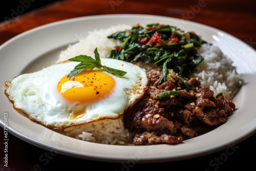 Beef and basil with fried egg, thai food