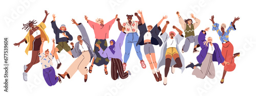 Happy active girls jumping. Young energetic women group together. Female characters team celebrating success with fun, joy, positive energy. Flat vector illustration isolated on white background