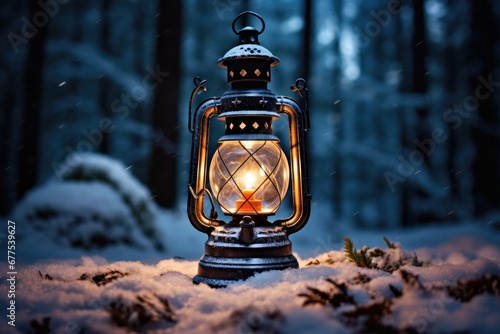 Christmas Lantern In The Snow. Сoncept Winter Wonderland, Festive Decorations, Snowy Setting, Holiday Magic