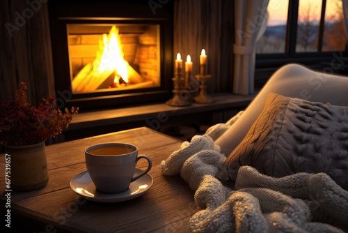 Cozy Living Room With Mug Of Hot Tea And Fireplace