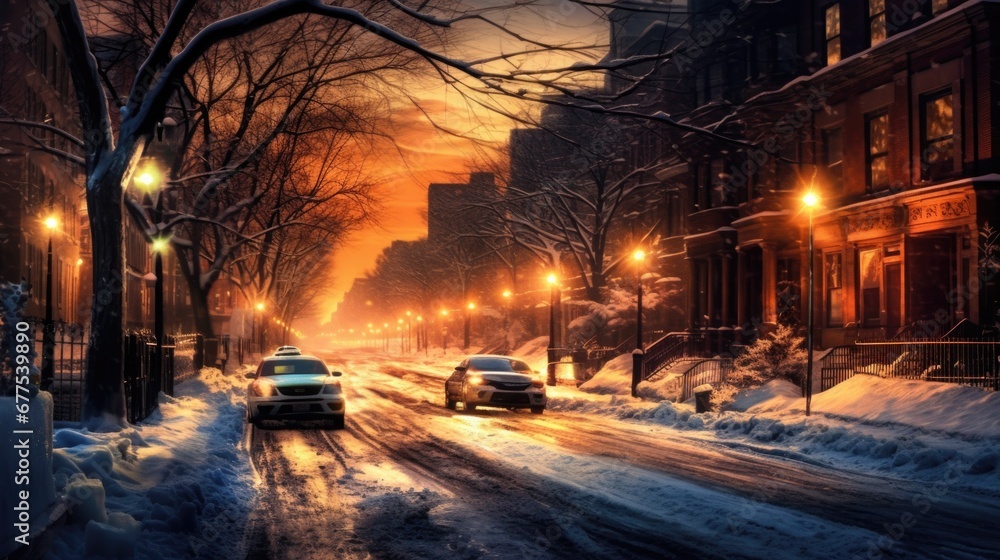 Twilight Glow on Snowy Suburban Street in Winter Evening