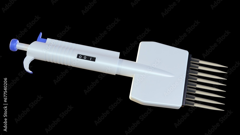 The 3D rendering depicts an isolated adjustable pipettor, an 8channel