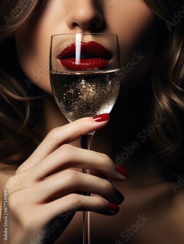 glamour portrait of a beautiful girl with a glass of tasty champagne at new year's party closeup