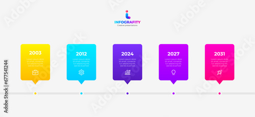 Horizontal progress diagram with 5 elements. Concept of five steps of business timeline. Creative infographic design template