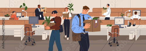 Layoff, staff reduction, dismissal, work loss concept. Fired dismissed discharged employees leaving office, carrying boxes, quitting. Sad jobless unemployed people, lost job. Flat vector illustration