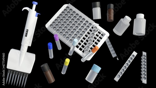 isolated Enzyme-linked immunosorbent assay (ELISA) kits removeable plate strips, reagents, ultrasensitive biomarker detection and 8 channel micropipette 3d rendering photo