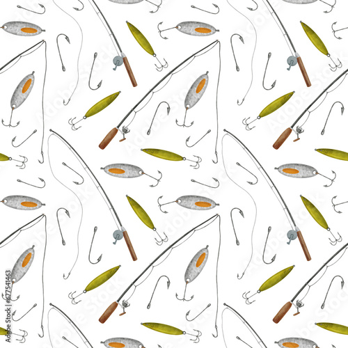 Watercolor fishing tackle seamless pattern. Hand drawn fishing rod, hook, bait, lure isolated on transparent. Fisherman's equipment for catching fish. Angling tools repeated tile background