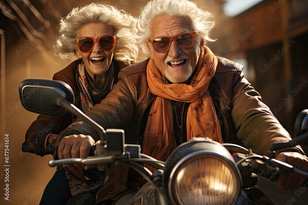 senior couple with glasses on a motorcycle
