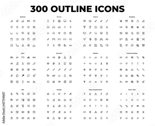 Set of outline icons. Business, devices, medical, ecology, shopping and other popular themes