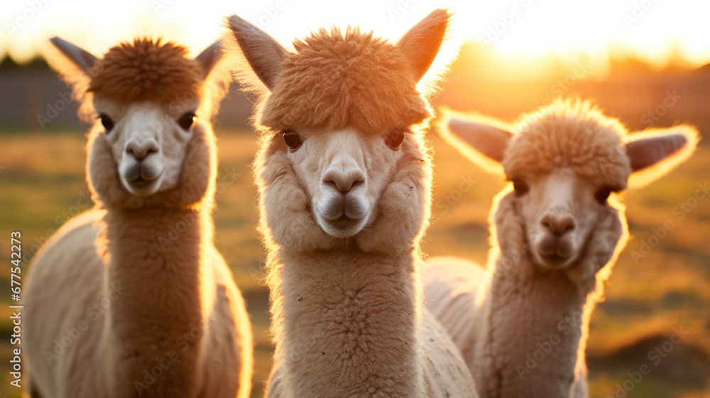 Alpacas at Sunrise in Countryside Alpacas at Sunrise in Countryside