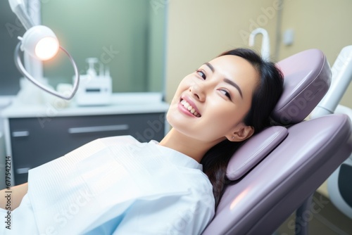 Asian woman in dental clinic while receiving oral examination by dentist.