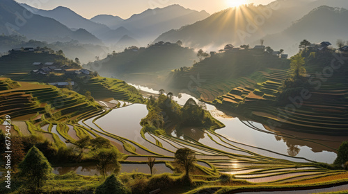Terraced Rice Fields at Sunrise in Mountains photo