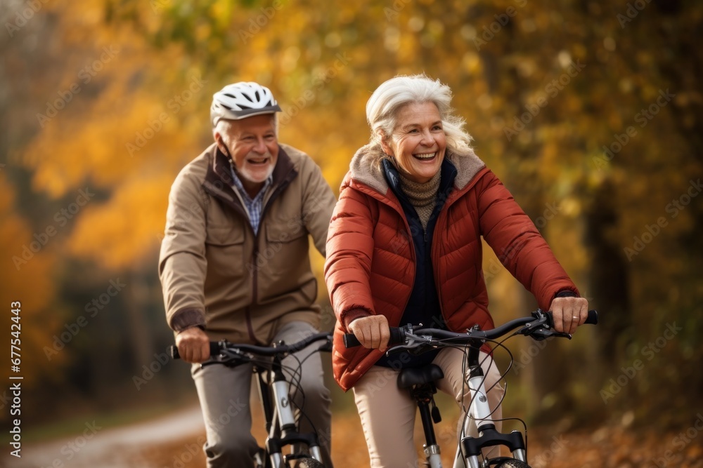Obraz premium Cheerful senior couple with bicycles in the park together, activities suitable for seniors happy couple in park