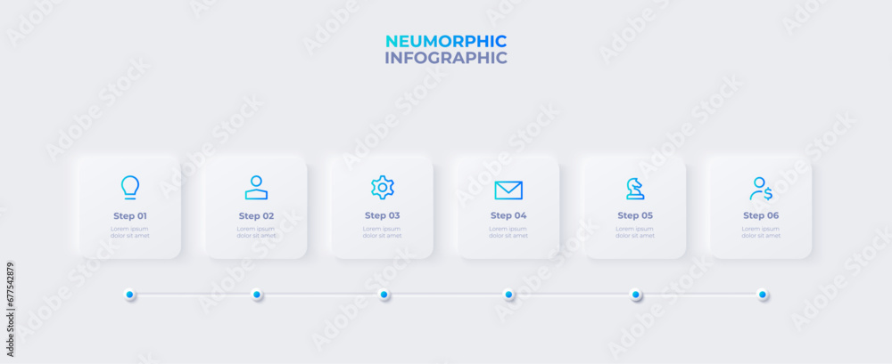 Neumorphism timeline infographic. Skeuomorph concept with 6 options, parts, steps or processes - obrazy, fototapety, plakaty 