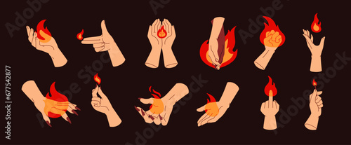 Burning fire in hands set. Holding hot glowing flame, igniting blaze with fingers. Showing hot gestures. Energy, power, evil, passion and trick concept. Isolated flat graphic vector illustrations