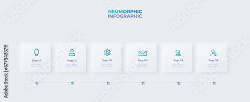 Neumorphism timeline infographic. Skeuomorph concept with 6 options, parts, steps or processes
