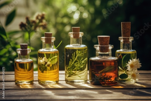 Essential Oil Bottles On Wooden Surface, Derived From Plants