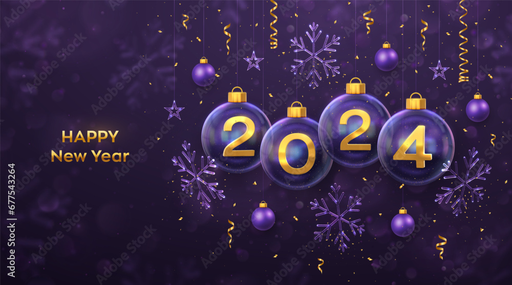 Happy New Year 2024. Golden metal 3D numbers 2024 in transparent glass bauble. Hanging Christmas balls, ice snowflakes and stars, confetti. Greeting card, poster, banner, flyer. Vector Illustration. Happy New Year 2024. Golden metal 3D numbers 2024 in transparent glass bauble. Hanging Christmas balls, ice snowflakes and stars, confetti. Greeting card, poster, banner, flyer. Vector Illustration.
