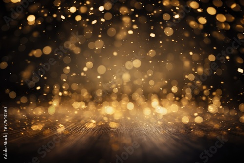 Golden Confetti Rain On Festive Stage With Light Beam. Сoncept Vibrant Fireworks Display, Enchanting Night Sky, Magical Light Show, Mesmerizing Extravaganza photo