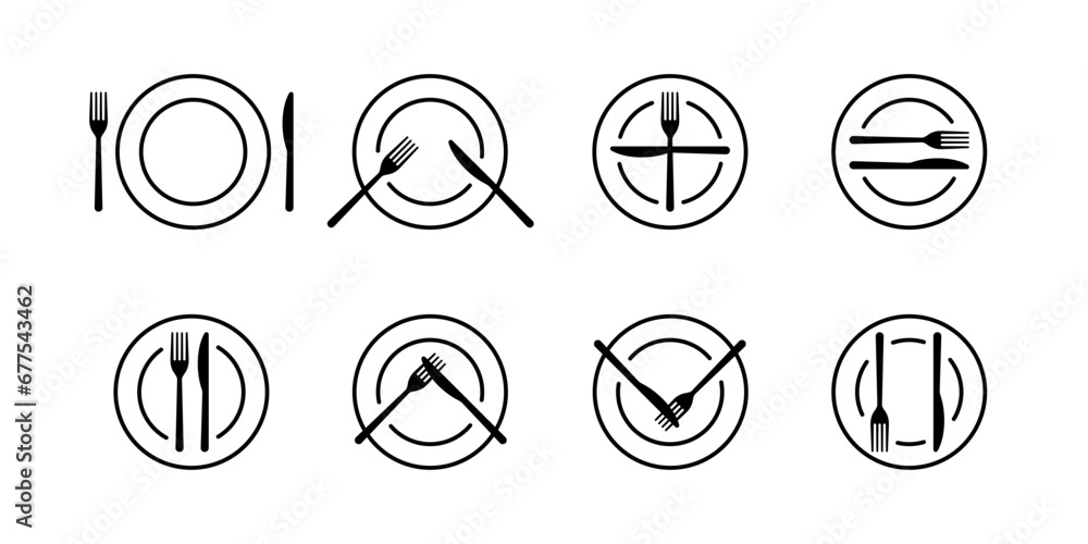 Arrangement of cutlery in table etiquette sign. Language of cutlery, eating rules. Plate, fork and knife for food icon. Rules, table manners. Tableware sign in cafe or restaurant. Vector Arrangement of cutlery in table etiquette sign. Language of cutlery, eating rules. Plate, fork and knife for food icon. Rules, table manners. Tableware sign in cafe or restaurant. Vector