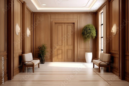 Elegant interior design of modern spacious entrance hall with door and wooden paneling walls. Generative AI © Snapshot Lens