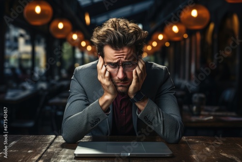 depressed man with laptop computer sitting in night cafe