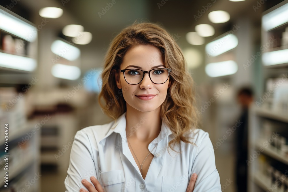 Portrait of a charming young Caucasian female pharmacist wearing glasses among shelves of medicines in a pharmacy. Experienced confident professional in the workplace. Healthcare and hygiene concept.