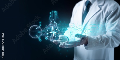Medicine doctor holding blue helix DNA structure on hologram modern virtual screen interface and diagnose healthcare on digital network, Science, Medical technology and futuristic, Generative AI