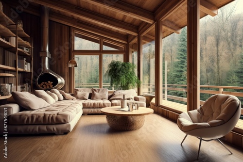 Chalet interior design of modern living room in wooden eco house in forest. Generative AI © Snapshot Lens
