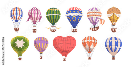 Hot air balloons set. Aerial baloon with basket in flight. Flying airballoons travel. Hotair transport floating. Aerostats for sky adventure. Flat vector illustration isolated on white background photo