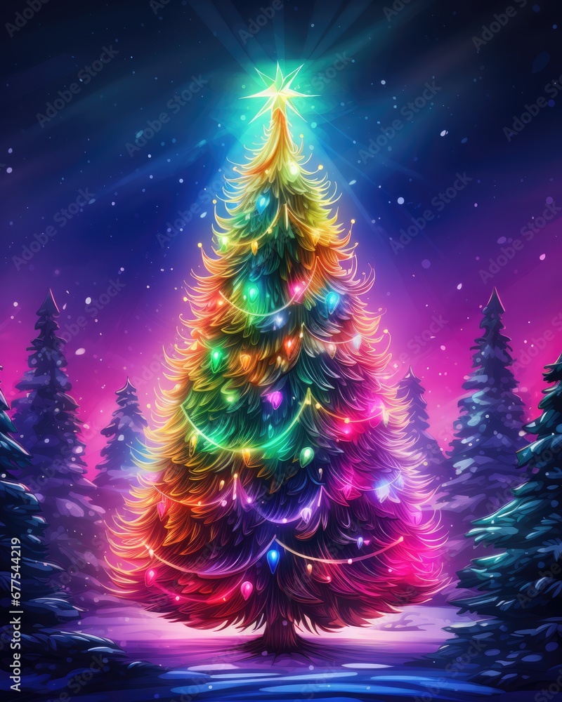 Colorful neon Christmas tree on dark background. Multicolored Christmas tree as symbol of Happy New Year, Merry Christmas holiday celebration. Neon light decoration. Bright shiny design Xmas tree