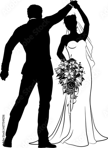 Bride and groom couple silhouettes. Woman in a bridal wedding dress
