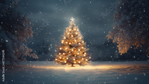 A Christmas tree is covered in snow and lights, in the style of beige. © Andrii