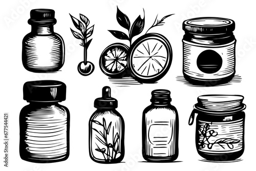 Different types of bottles: thin vector icon set, black and white kit