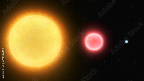 Comparison of the sun with a red dwarf and a white dwarf. Composite image of stars of different types and sizes