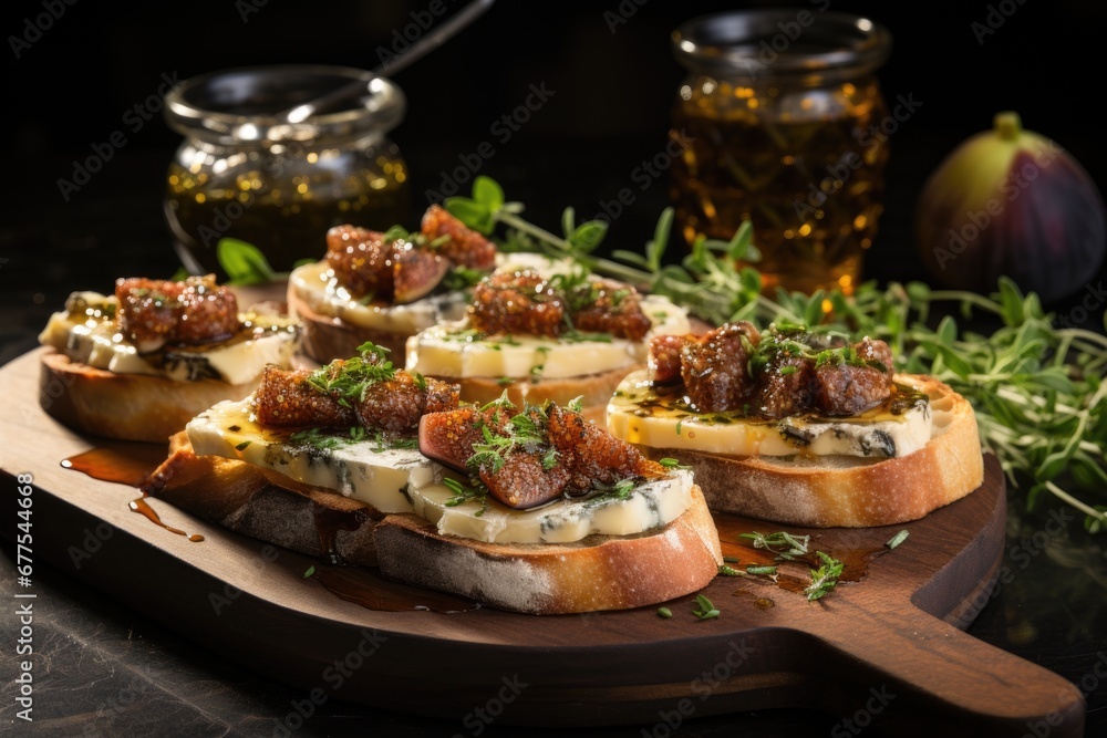 open sandwich with figs and blue cheese on dark background. Generative AI