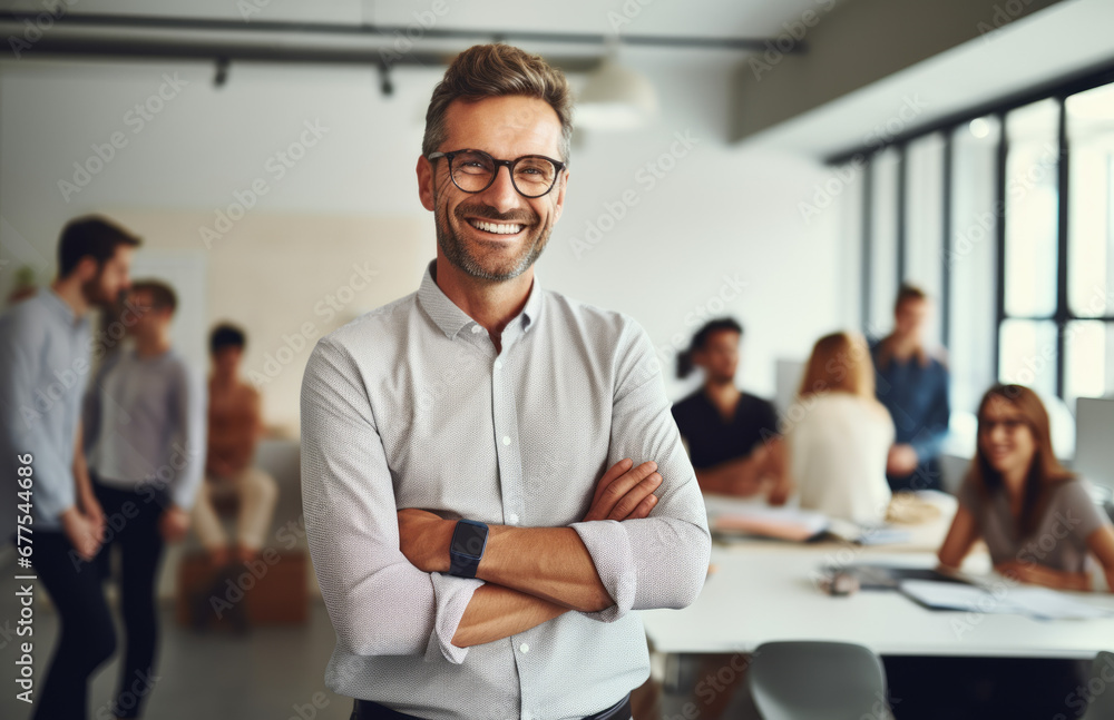 Professional man having a meeting with his team in an office