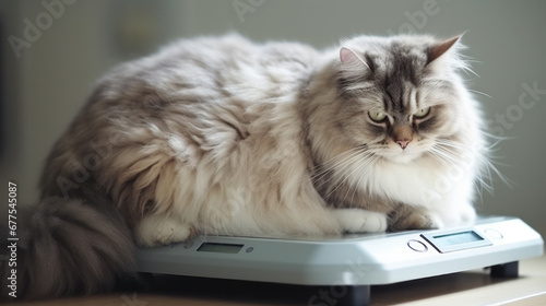 Overweight cat sitting on weight scale photo