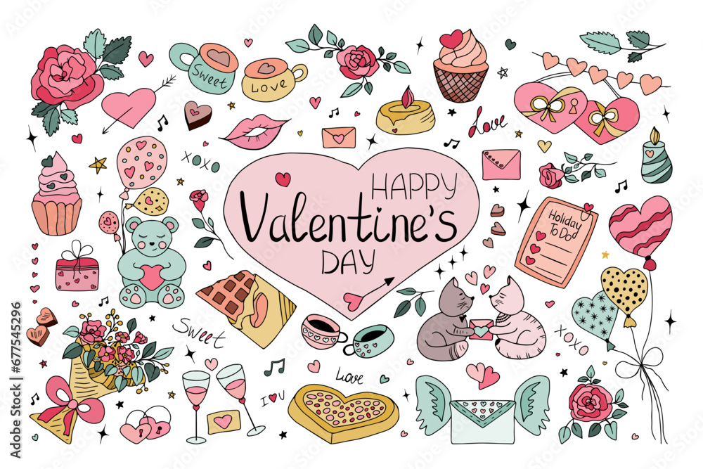 Hand drawn Valentines Day colorful clipart Set. Doodle design elements of love symbols, cute characters, lettering. Isolated on white background.