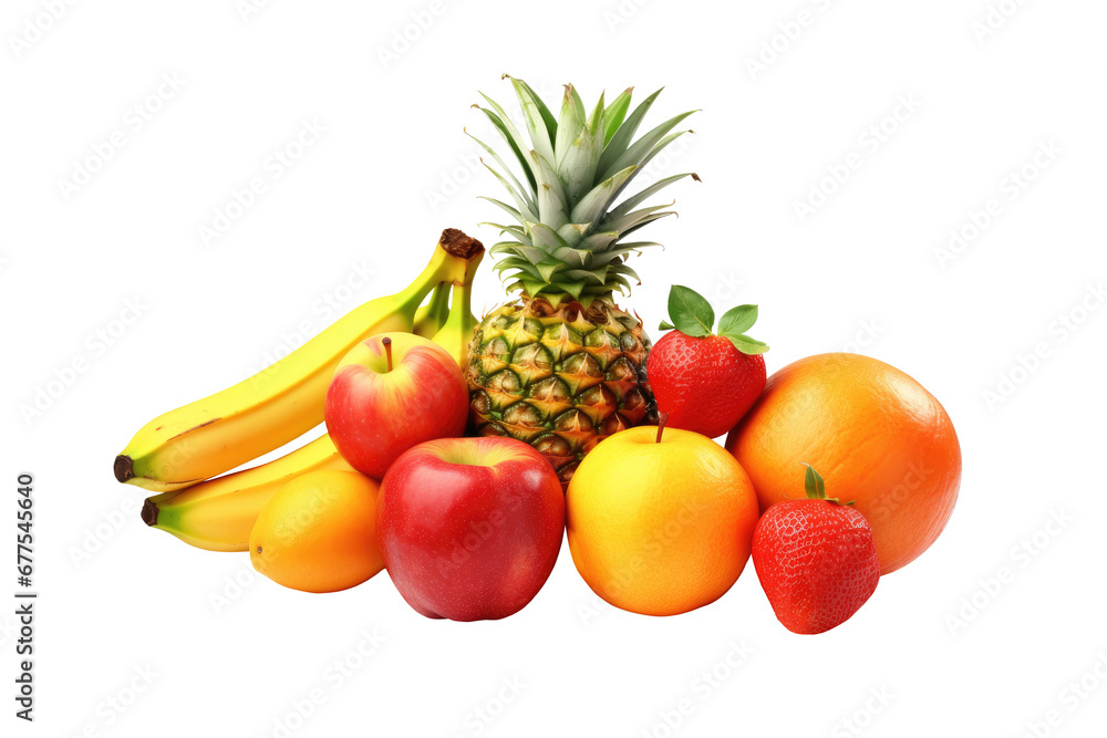 Pile of fruits such as pineapple,apple,strawberry,orange and banana on transparent background. Pile of fruits such as pineapple,apple,strawberry,orange and banana on transparent background.