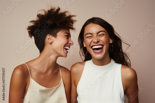 Two interracial best friends laughing and having a good time together in a studio. Portrait of lovely young women, beautiful, diversity, smiling isolated on pastel background. photo