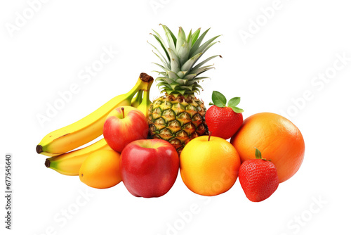 Pile of fruits such as pineapple apple strawberry orange and banana on transparent background.