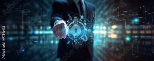 Businessman and fingerprint scanning unlock and access to business data network. Cloud. Biometric identification and cyber security protect business transaction from online digital cyber,Generative AI