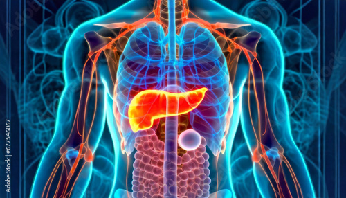 3D Visualization Illustration of Man's Pancreas Anatomy, 3D Exploration of the Pancreatic Anatomy in Man's Digestive System, Generative AI
