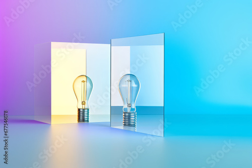 Interior of a light bulb in a pastel colored transparent case. A delicate and simple concept with a minimalist style that encourages free thinking, innovative ideas, and unusual inspiration.