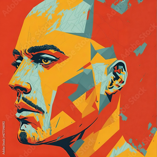 Abstract portrait of a man with shaved head staring at something