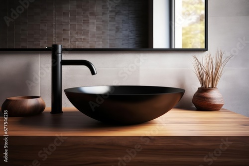 Stylish black vessel sink and faucet on wooden countertop. Interior design of modern bathroom. Generative AI